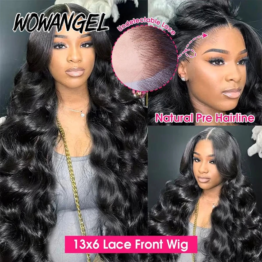 WOWANGEL Jet Black Body Wave Lace Front Human Hair Wig 250% Brazilian Virgin 13x6 HD Lace Full Frontal Wig Pre Plucked For Women