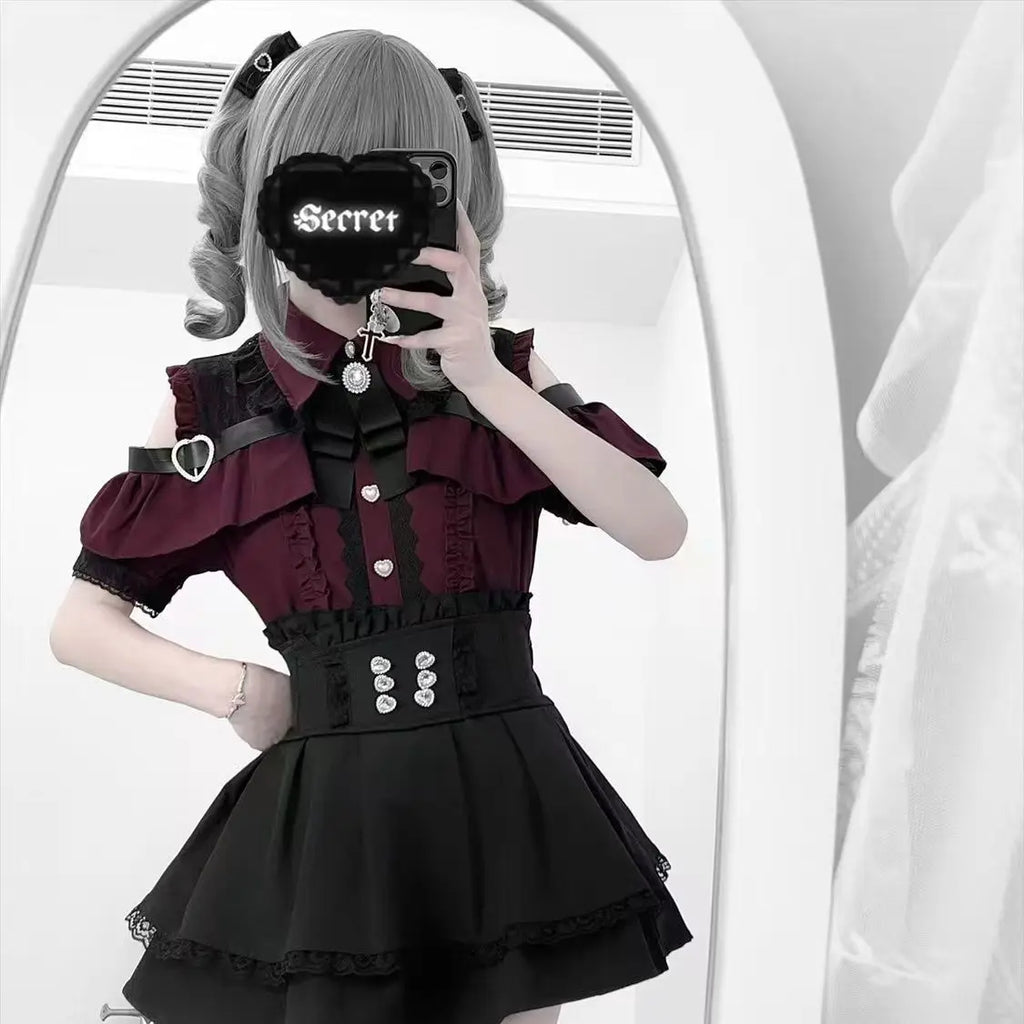 Dark Sweet Heart Ground Type Lolita Set, Ruffle Sleeve Top & A-line Skirt, Cute Kawaii Japanese Style Gothic Coord Outfit S-XL