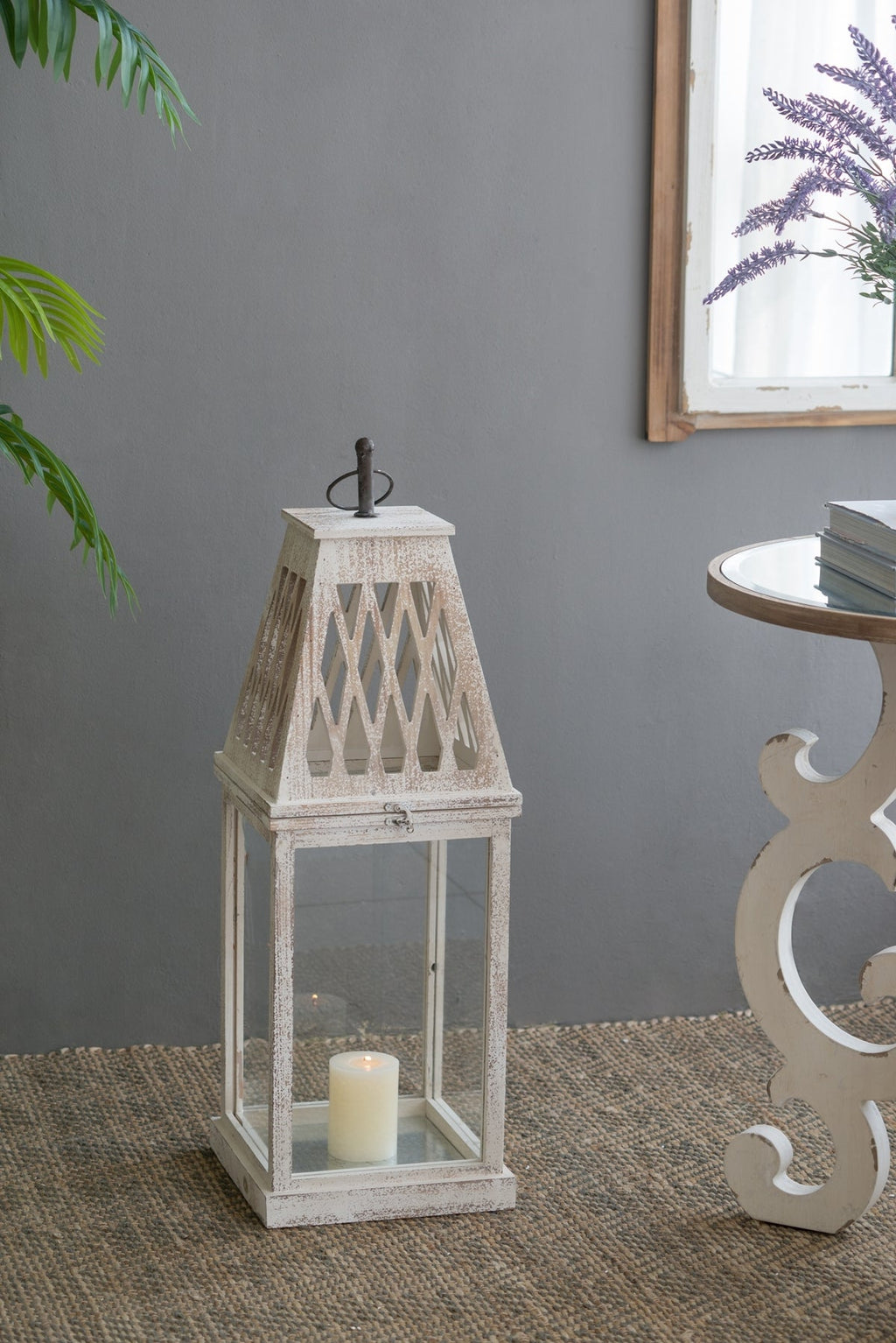 Set of 2 Rustic White French Country Wood & Glass Lanterns