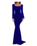 Velvet Prom Dress for Women Formal Evening Gowns with Sleeves Fall Wedding Guest Dresses Royal Blue Size 10