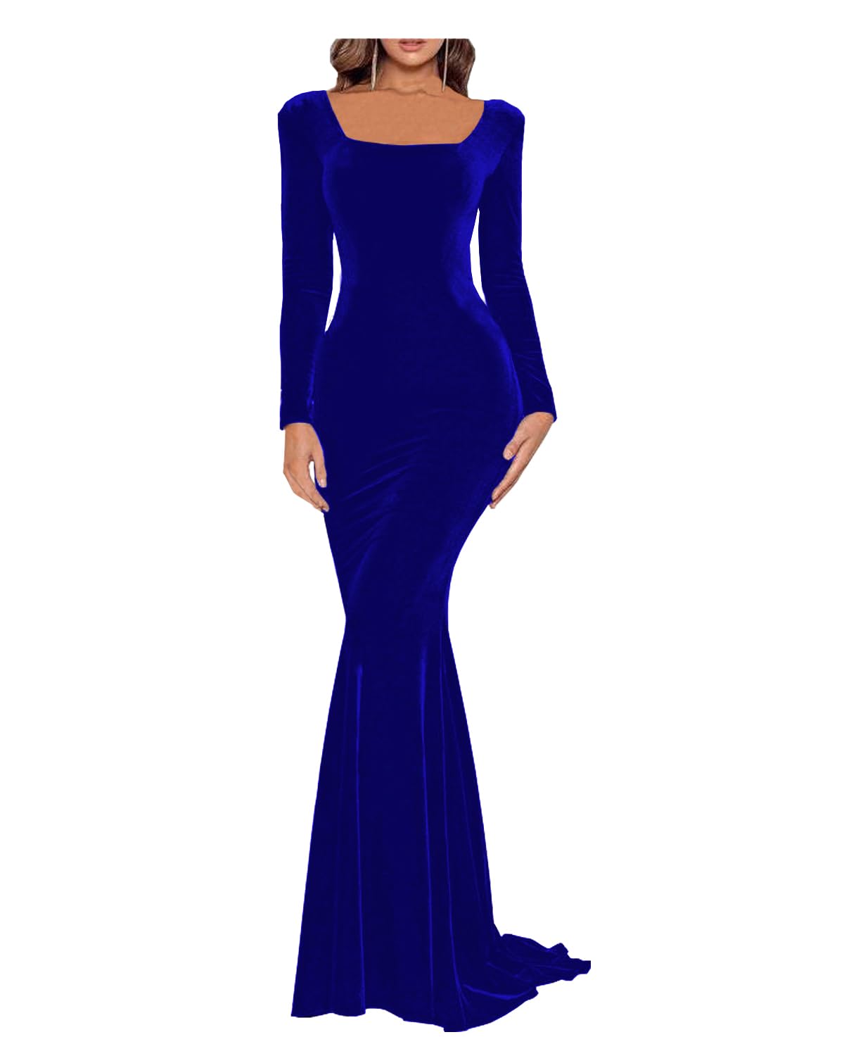 Velvet Prom Dress for Women Formal Evening Gowns with Sleeves Fall Wedding Guest Dresses Royal Blue Size 10