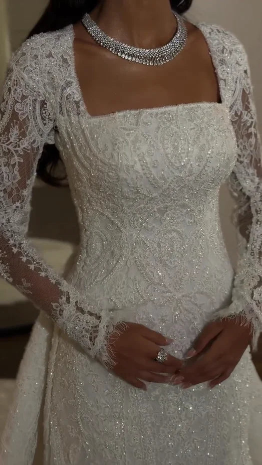 Elegant Mermaid Wedding Dresses Square Neck Puff Long Lace Sleeves Beaded Sequins Lace Bridal Dress Vestidos De Novia Customized