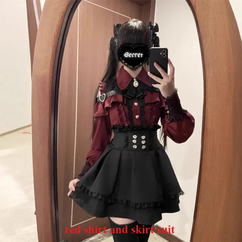 Dark Sweet Heart Ground Type Lolita Set, Ruffle Sleeve Top & A-line Skirt, Cute Kawaii Japanese Style Gothic Coord Outfit S-XL