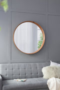 Round Brown Wood Frame Wall Mirror, 39.4 in