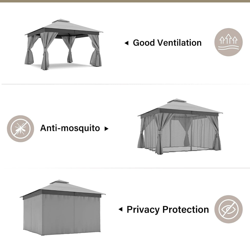 Gray 12x12 Outdoor Gazebo With Mosquito Netting Coverage