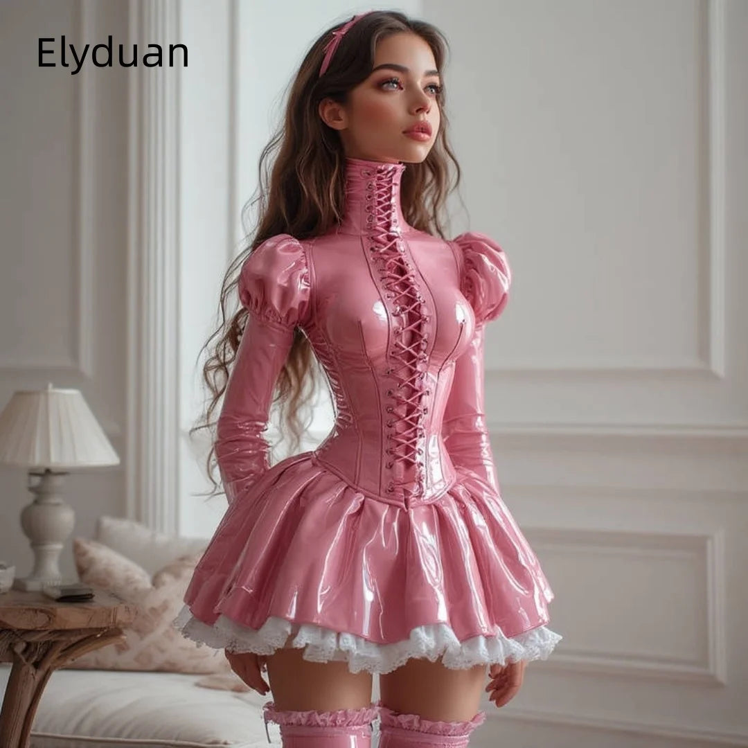 Black Glossy PVC Corset Mini Prom Dress High Neck Front Lace‑Up Puff Long Sleeve Cosplay Party Gown Masquerade Dress Customized