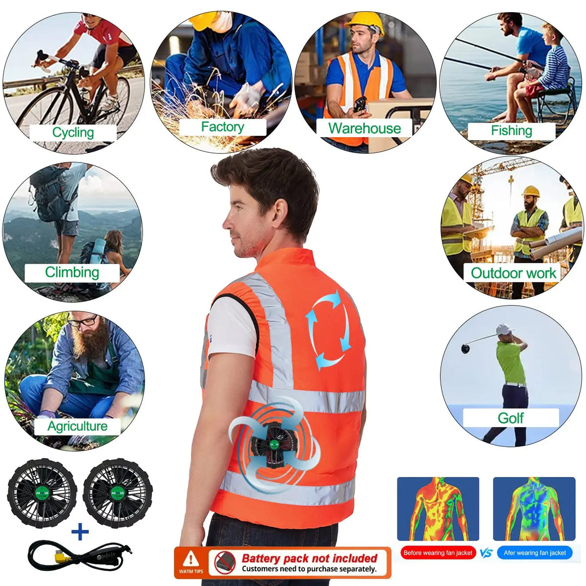 AKOOUS 6500 RPM 12V/5V USB 3-Fans Cooling Vest Air Conditioned Clothes Men Women Outdoor Work Fishing Body Cooling Jacket