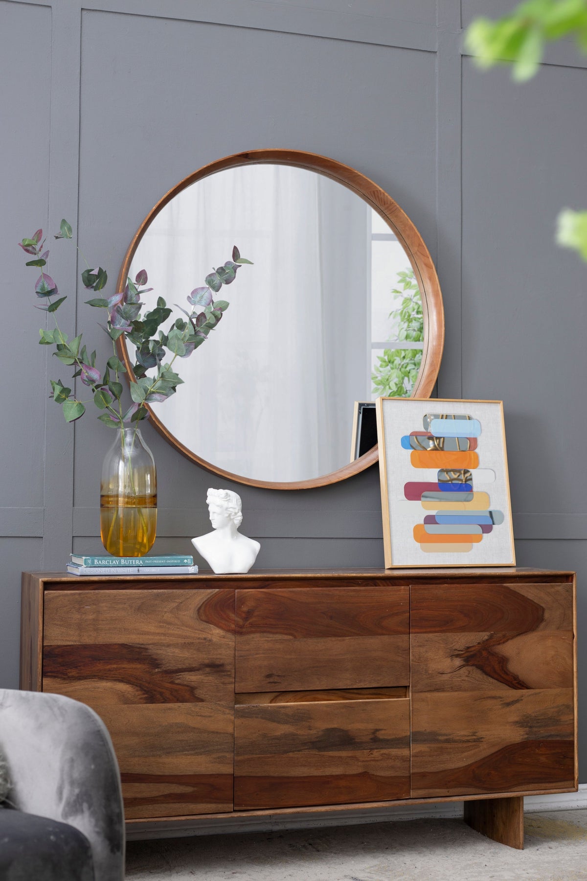 Round Brown Wood Frame Wall Mirror, 39.4 in