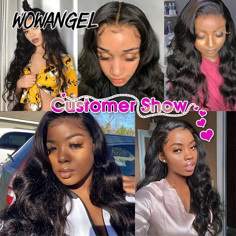 WOWANGEL Jet Black Body Wave Lace Front Human Hair Wig 250% Brazilian Virgin 13x6 HD Lace Full Frontal Wig Pre Plucked For Women