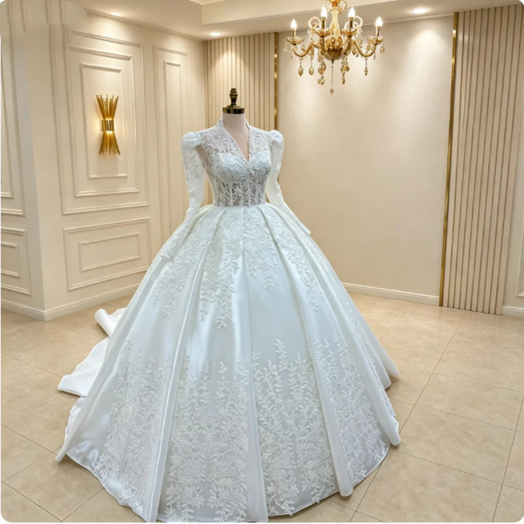 Custom V‑Neck Puff Long Sleeve Satin Wedding Dress Sheer Corset Heavy Applique Ball Gown Train Luxury Bridal Gown