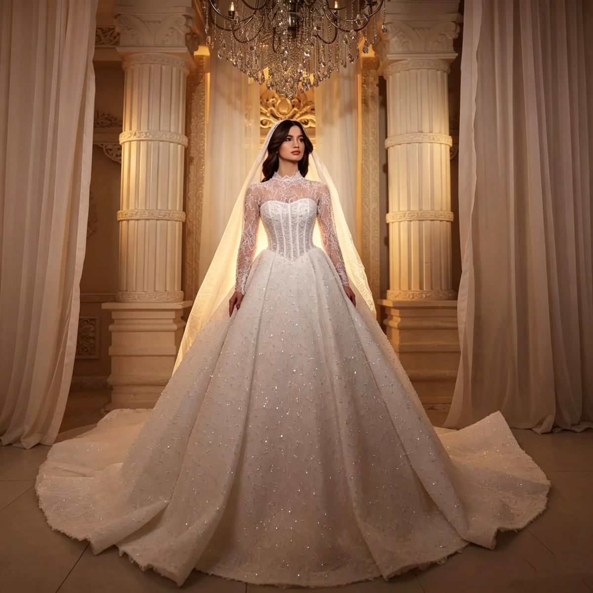 Custom High Neck Lace Long Sleeve Corset Wedding Dress 2026 Sparkly Ball Gown Bridal Gown With Extra Long Train Vestido De Novia