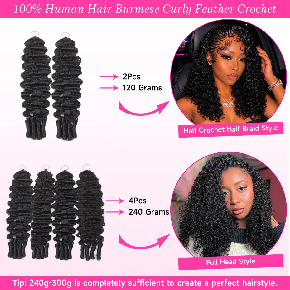 100% Human Hair Feather Crochet Pre Looped Invisible Miracle Knots