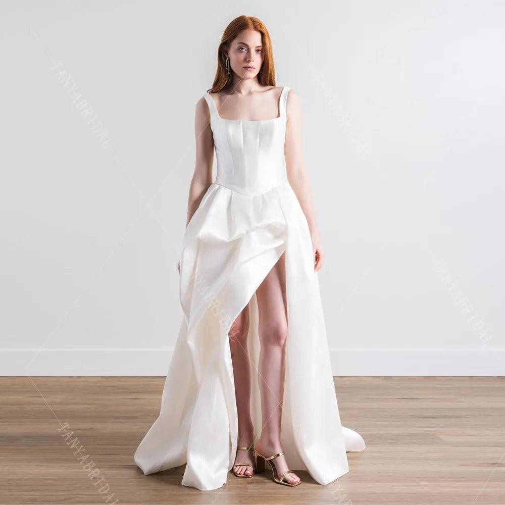 Square Collar Satin Bridal Gowns High Low A Line Fashion Wedding Dress Sleeveless Lace Up Back Simple Bridal Party Dress TSWD624