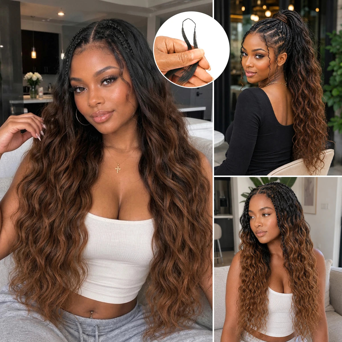 TB30 T1B/30 Ombre Highlight Body Wave  Crochet Human Hair Miracle Knots Feather Extensions Invisible Knotless Pre Separated Boho Braiding Hair Natural Texture Soft Bouncy For Women