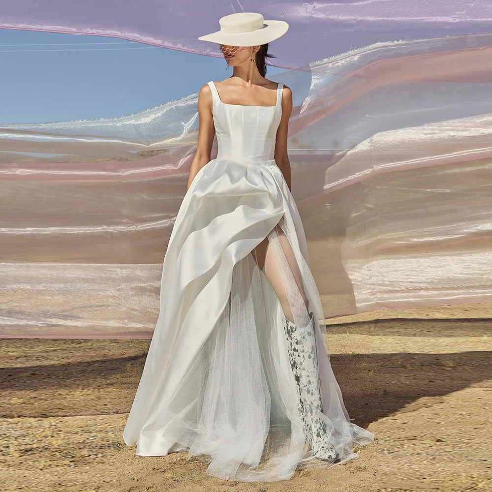 Square Collar Satin Bridal Gowns High Low A Line Fashion Wedding Dress Sleeveless Lace Up Back Simple Bridal Party Dress TSWD624