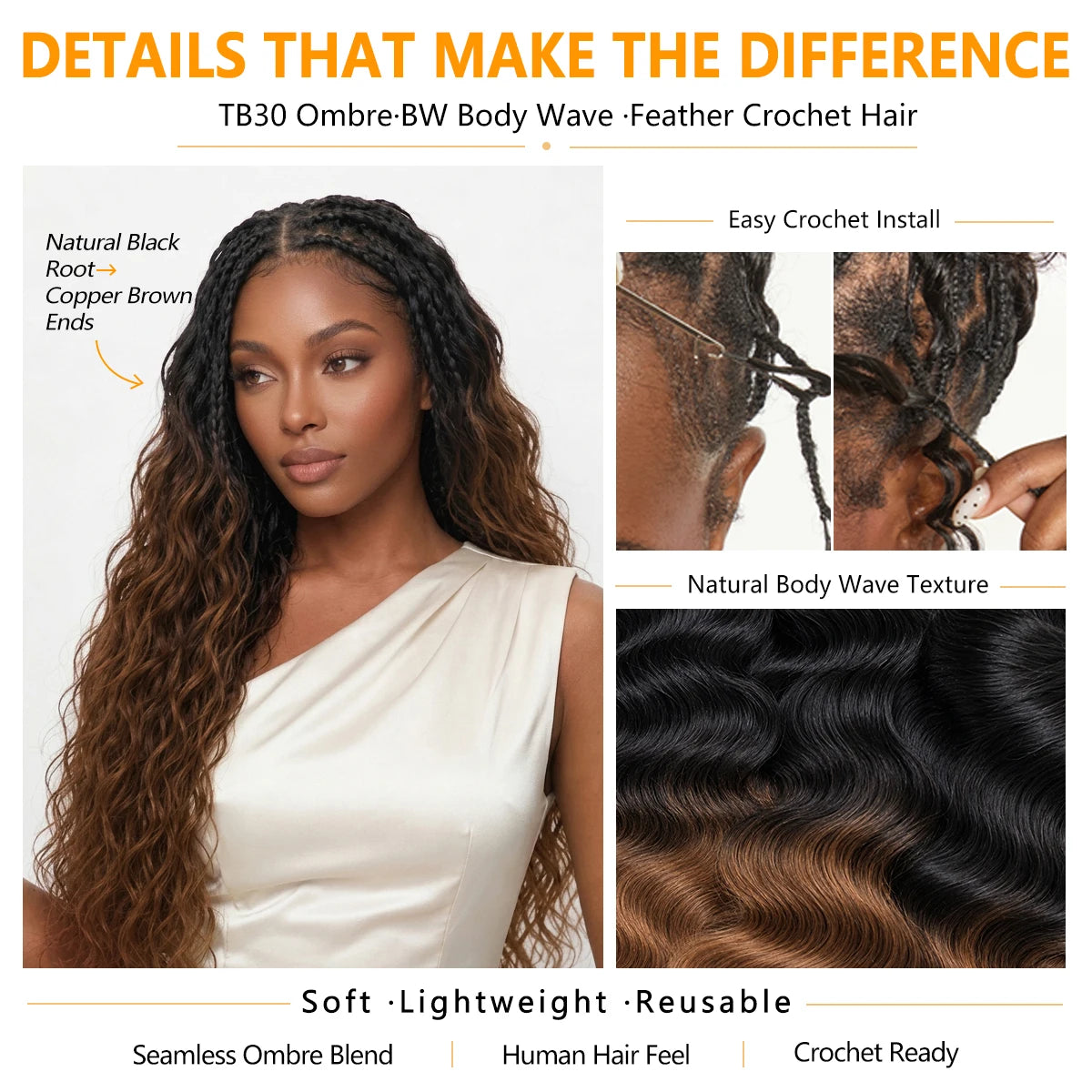 TB30 T1B/30 Ombre Highlight Body Wave  Crochet Human Hair Miracle Knots Feather Extensions Invisible Knotless Pre Separated Boho Braiding Hair Natural Texture Soft Bouncy For Women