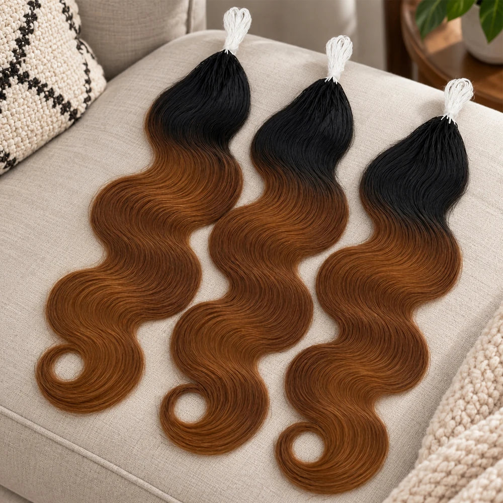 TB30 T1B/30 Ombre Highlight Body Wave  Crochet Human Hair Miracle Knots Feather Extensions Invisible Knotless Pre Separated Boho Braiding Hair Natural Texture Soft Bouncy For Women