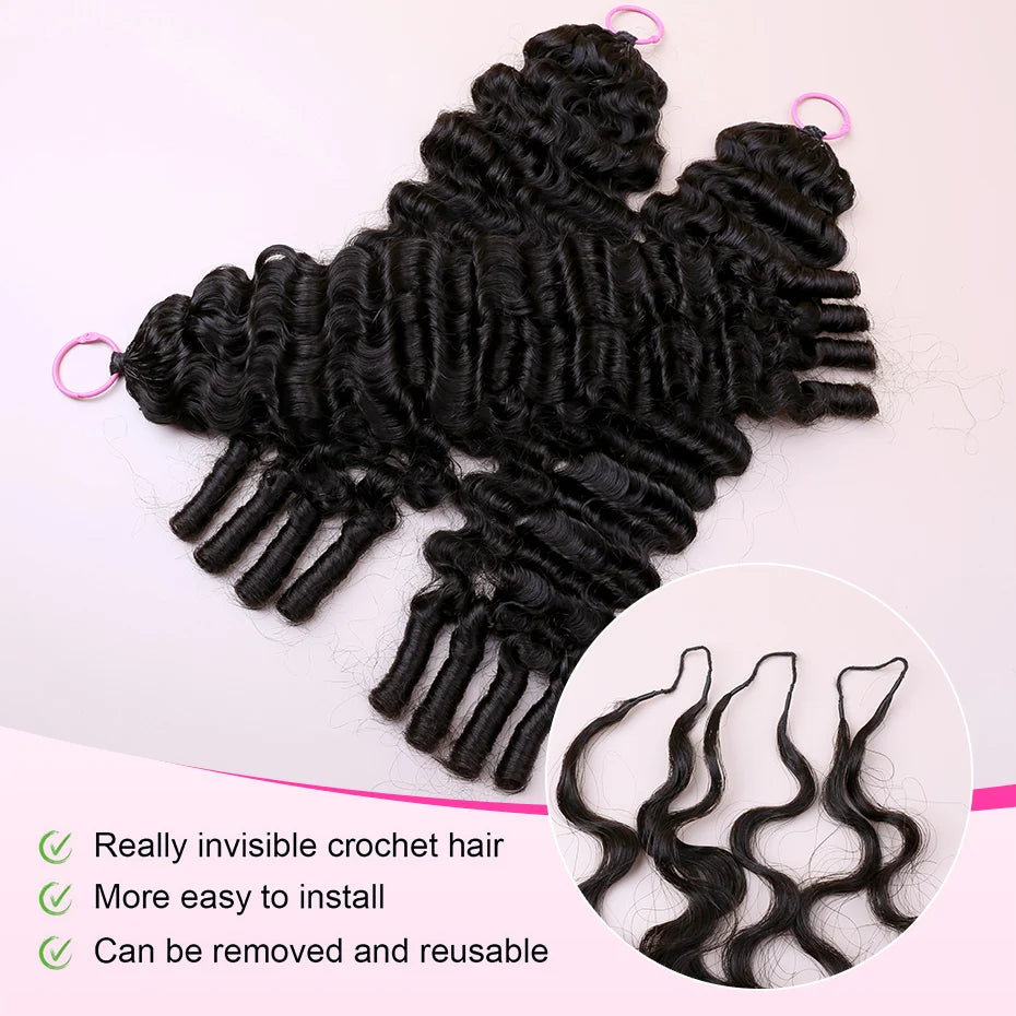 100% Human Hair Feather Crochet Pre Looped Invisible Miracle Knots