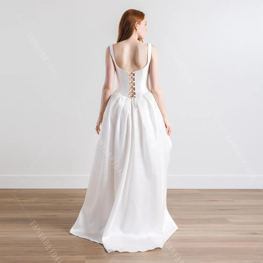 Square Collar Satin Bridal Gowns High Low A Line Fashion Wedding Dress Sleeveless Lace Up Back Simple Bridal Party Dress TSWD624