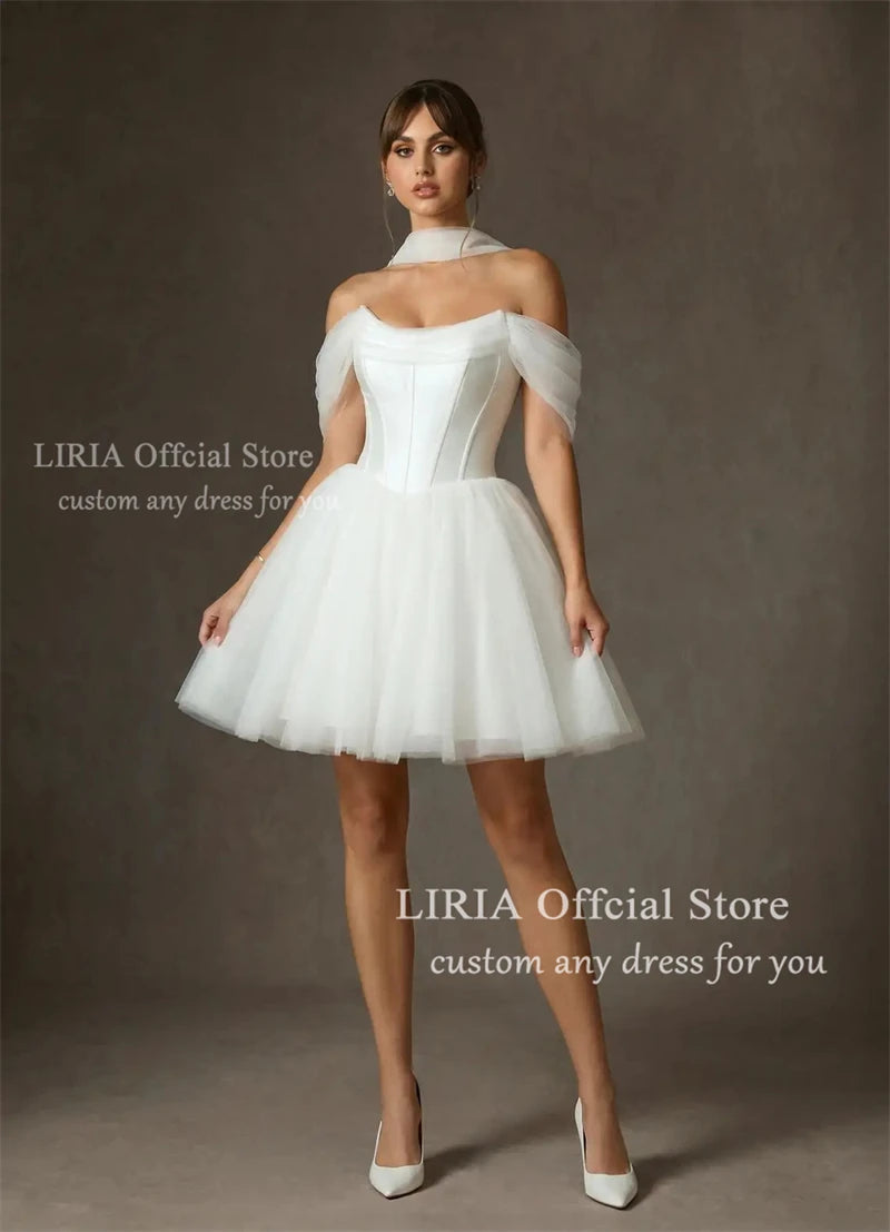 LIRIA Chic Short Wedding Dress for Bride Off the Shoulder Corset Mini Wedding Gowns White A Line Lace Up Elegant Bridal Dresses
