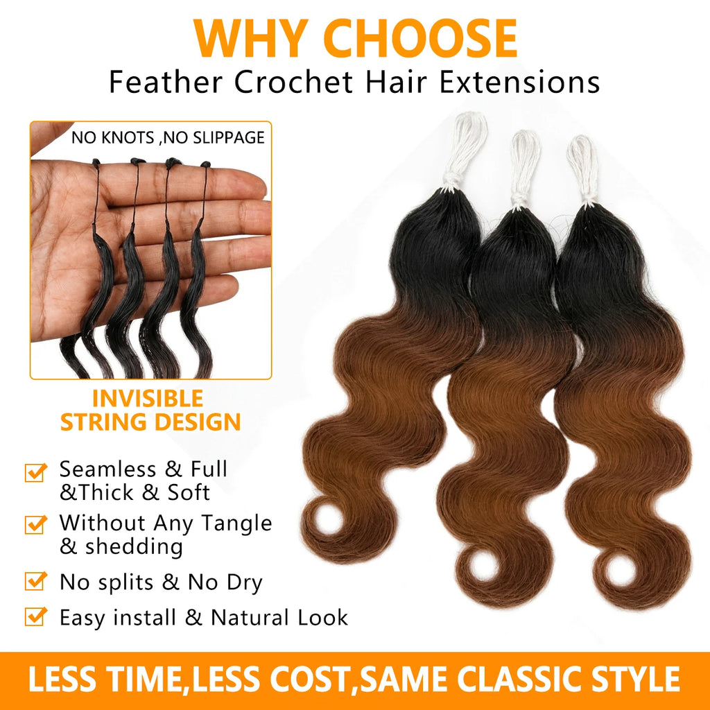 TB30 T1B/30 Ombre Highlight Body Wave  Crochet Human Hair Miracle Knots Feather Extensions Invisible Knotless Pre Separated Boho Braiding Hair Natural Texture Soft Bouncy For Women