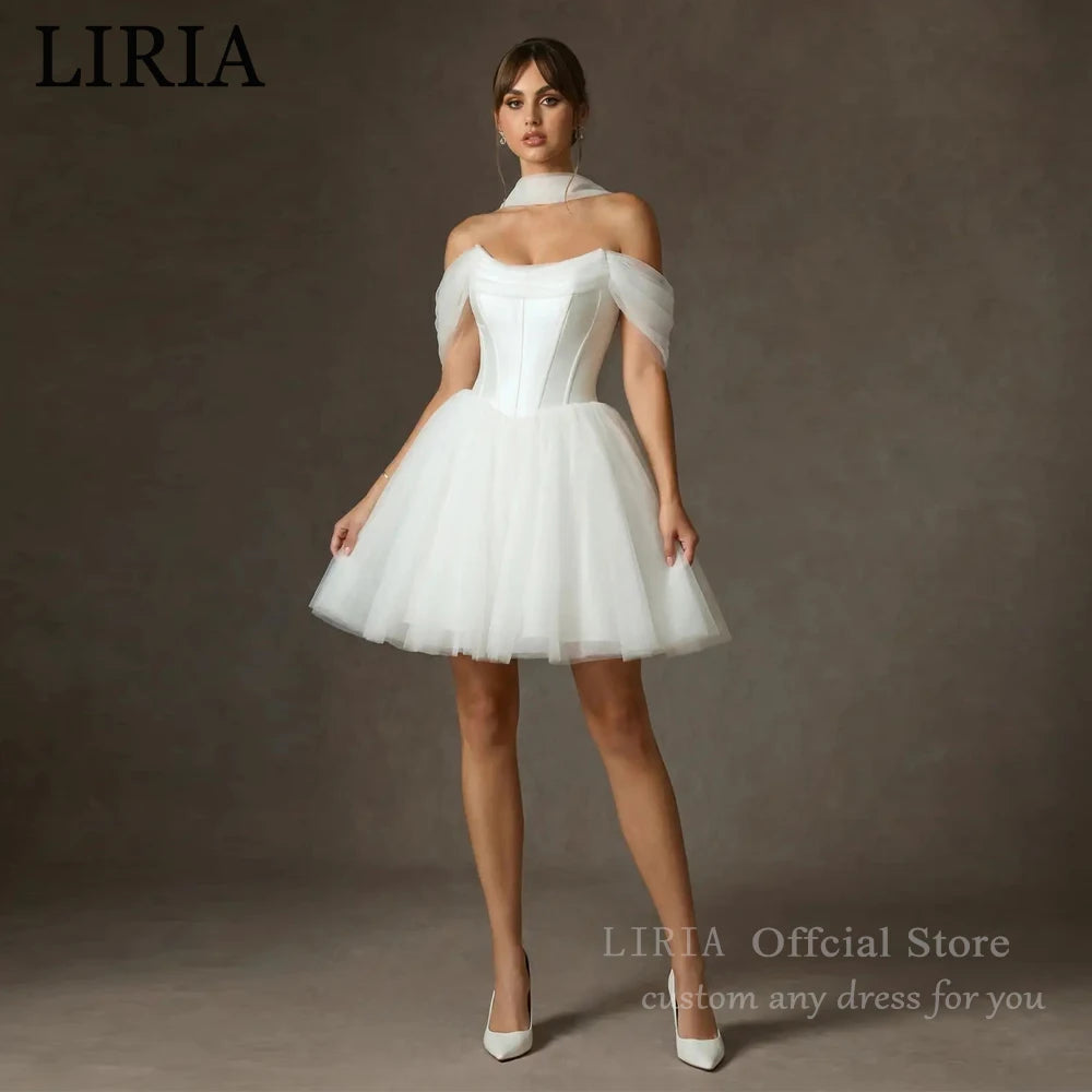 LIRIA Chic Short Wedding Dress for Bride Off the Shoulder Corset Mini Wedding Gowns White A Line Lace Up Elegant Bridal Dresses